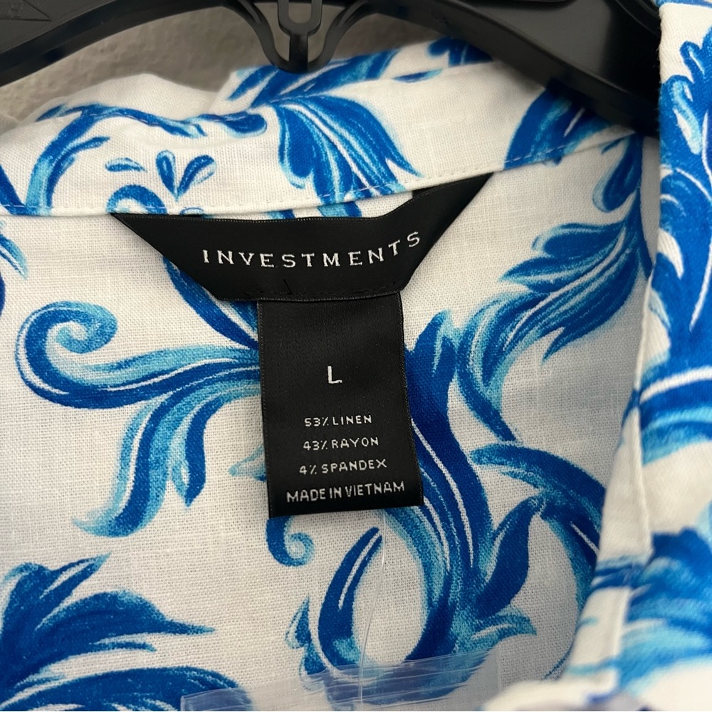 Investment Linen Button Down Shirt Blue White Scroll Print NWT Size L - Picture 8 of 8